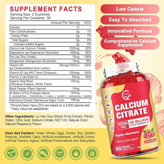 Calcium Citrate Gummies, Calcium 1200 mg with Vitamin d3, K2, Magnesium, Zinc for Bone, Muscle & Immune Support, High Absorption Calcium Supplement for Women & Men, Raspberry Flavor, 60 Chews