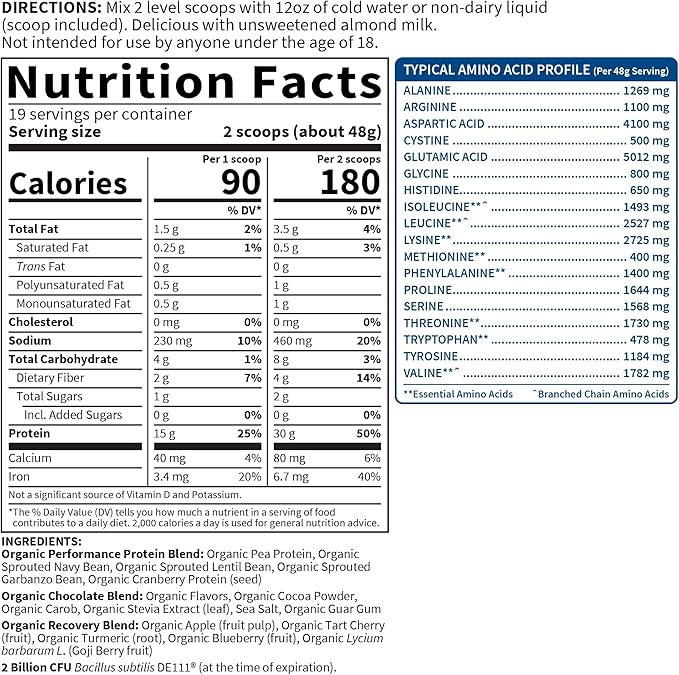 Organic Vegan Sport Protein Powder, Chocolate 30g Plant 19 Servings