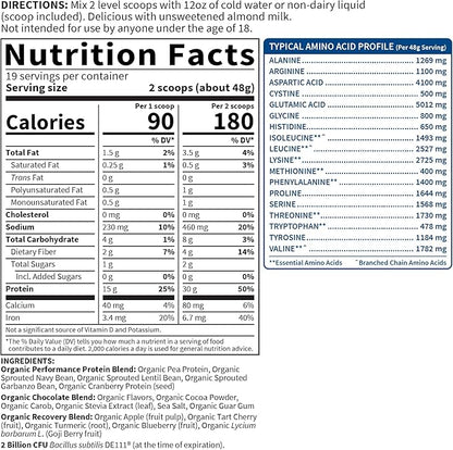 Organic Vegan Sport Protein Powder, Chocolate 30g Plant 19 Servings