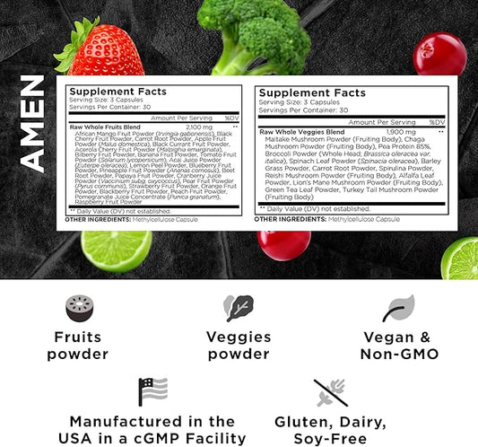 Amen Fruits + Veggies Vitamins Bundle, Raw Whole Food Multivitamin Capsules, Greens Vegetables, Red Fruits & Berries Vegan Blend, Fibers + Phytonutrients Superfood Minerals Supplement, Non-GMO, 180 ct