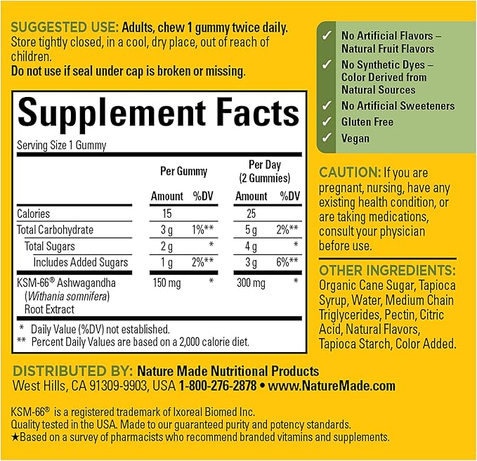Nature Made Ashwagandha Gummies, Vegan, KSM 66 Ashwagandha 60 Count, 30 Day