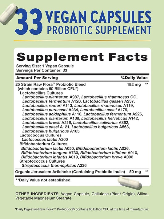 Raw Flora Probiotic with Prebiotics | 60 Billion CFU | Daily Digestive Vegan Capsules | Gluten Free Supplement for Men and Women | by Nature's Truth