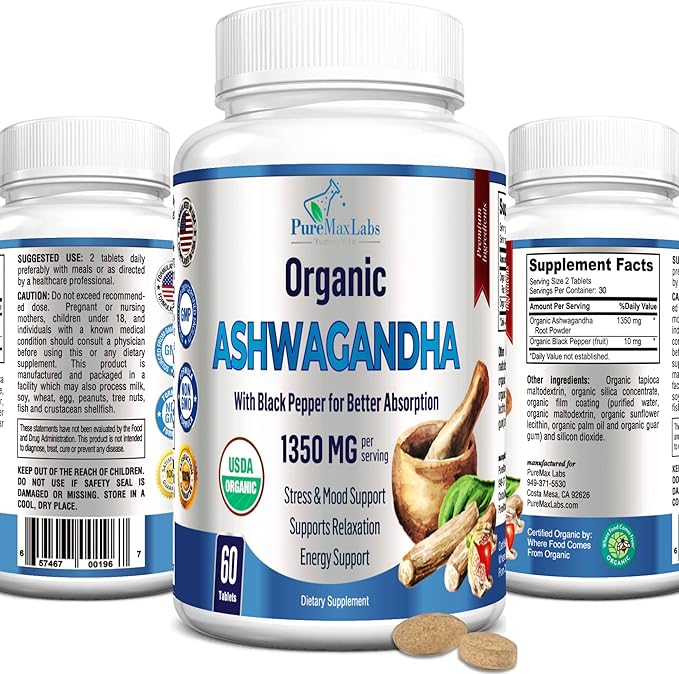 USDA Organic Ashwagandha 1350mg with 60 Tablets