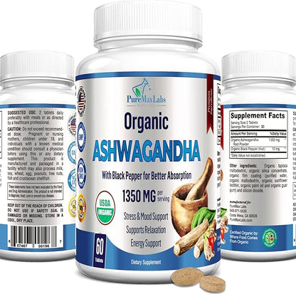 USDA Organic Ashwagandha 1350mg with 60 Tablets