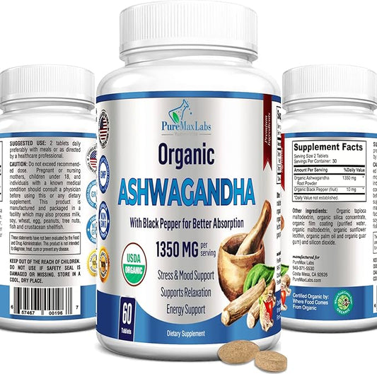 USDA Organic Ashwagandha 1350mg with 60 Tablets