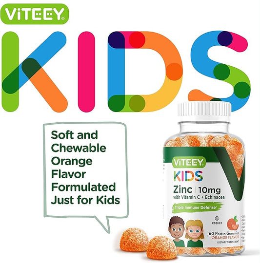 Zinc for Kids Gummies 10mg, with Vitamin C & Echinacea for Kids - Immune Support, Powerful Natural Antioxidant, Kids Zinc Vitamin Supplement - Vegan, Gelatin Free - Tasty Chewable Orange Flavor Gummy