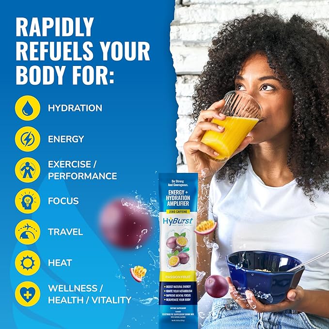 Energy + Hydration Amplifier - Multivitamin Electrolyte Powder Packets with Vitamins D3 K2 & B6 B12 | L-Theanine, Cane Sugar, Caffeine Free Energy Drink Powder | Passion Fruit, 15 Pack