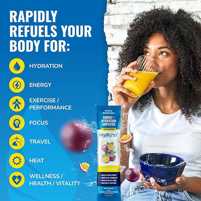 Energy + Hydration Amplifier - Multivitamin Electrolyte Powder Packets with Vitamins D3 K2 & B6 B12 | L-Theanine, Cane Sugar, Caffeine Free Energy Drink Powder | Passion Fruit, 15 Pack
