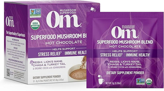 OM MUSHROOM SUPERFOOD Hot Chocolate Blend Mushroom Powder, Single Serve, 10 Count, Dutch Cocoa, 2g of Sugar, 25 Calories, Lion's Mane, Reishi, Chaga, Turkey Tail, Focus and Stress Support