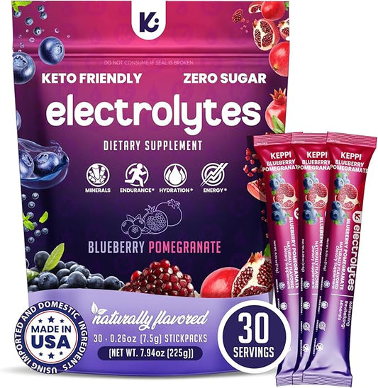 Keppi Blueberry Pomegranate Electrolytes Powder Packets – 30 Sugar Free Hydration Packets, Keto-Friendly Hydration Packets Perfect for Travel, Gym, and Everyday Refreshment