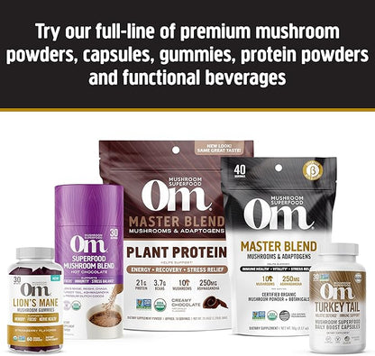 OM MUSHROOM SUPERFOOD Master Blend Mushrooms & Adaptogens, Creamy Vanilla Plant Protein, Single Serve, 10 Count, 10 Mushroom Complex, Lion's Mane, Ashwagandha for Energy, Recovery, Stress Relief