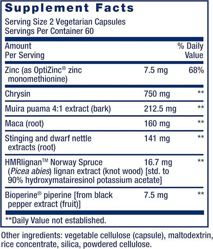 Life Extension Super Miraforte with Standardized Lignans, chrysin, Nettle Root, Muira puama, maca, zinc, Focused Formula for Testosterone Benefits, Vegetarian, Gluten-Free, Non-GMO, 120 Capsules