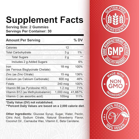 Iron Gummies - with Calcium, Zinc, Folate & Vitamin B12, C,B6 for Adults & Kids - Blood Builder & Energy Support for Iron Deficiency, Anemia, Vegan - 60 Gummies