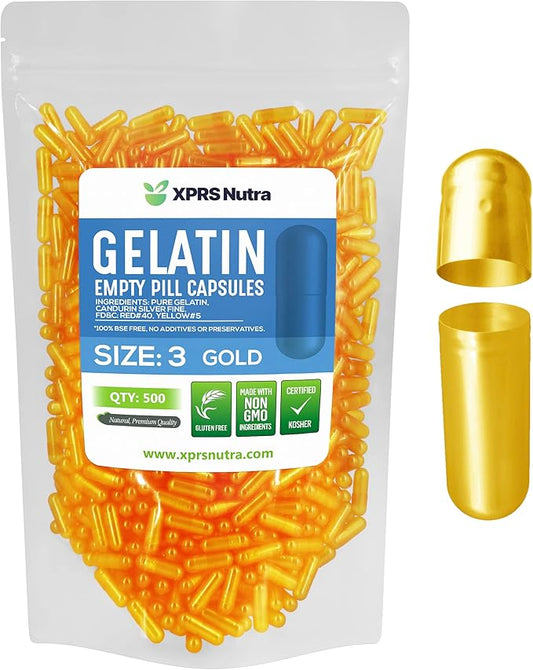 XPRS Nutra Size 3 Empty Capsules - 500 Count Empty Gelatin Capsules - Empty Pill Capsules - DIY Capsule Filling - Pure Bovine Pill Capsules Empty Gel Caps (Gold)