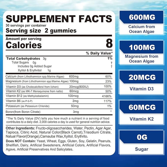 Algae Based Calcium Supplement 600mg, Ocean D3, K2, K2, Magnesium, B6, B12 B12 for 2 Pack