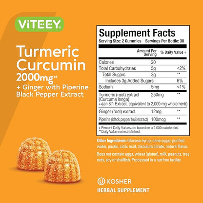 Turmeric Curcumin Gummies with Ginger & Black Pepper Herbal Supplement, 2000mg, Immune Support, Healthy Skin, and Joint Health, Vegan, Pectin Based, for Adults and Teens - Chewable Peach Flavor(2Pack)
