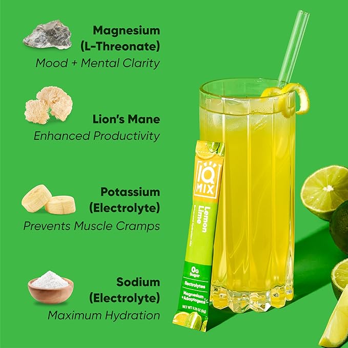 IQMIX Sugar Free Electrolytes Powder Packets - Hydration Supplement Drink Mix with Keto Electrolytes, Lions Mane, Magnesium L-Threonate, and Potassium Citrate - Lemon Lime (40 Count)