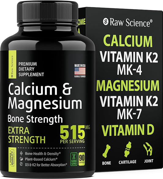 Calcium Magnesium Supplement, Bone Strength Supplements, K2, Plant 515MG Per 90 Capsules
