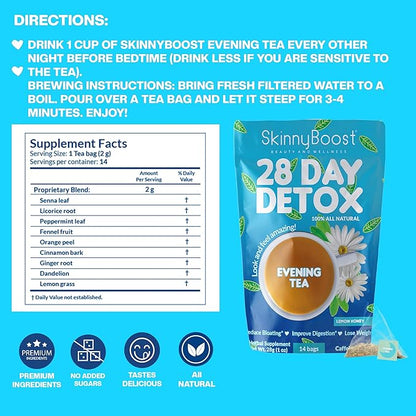 SkinnyBoost 28 Day Detox Tea Kit – Natural Cleansing & Bloating Support – 3 Pack - 28 Daytime Tea Bags & 14 Evening Tea Bags – Green Tea & Herbal Blend – Non-GMO, Vegan, Keto-Friendly, Sugar-Free
