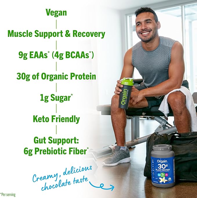 Orgain Organic 30g Vegan Protein Powder, 9g EAAs+BCAAs, 4g Prebiotic 1g Sugar, 2.01lb (Packaging