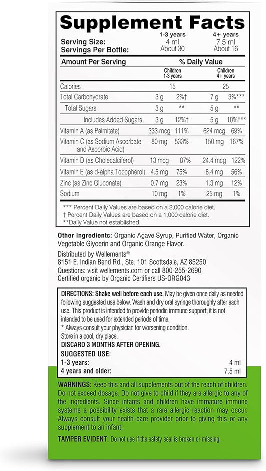 Wellements Organic Children’s Immune Support Syrup | Immune System Support* for Kids w/Vitamin C & Zinc, USDA Organic, Free from Dyes, Parabens & Top 9 Most Common Allergens | Orange Flavor, 4 fl oz