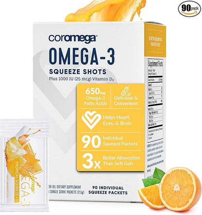 Coromega Omega 3 Fish Oil Supplement D3, 650mg 650mg of Omega-3s with 3X Better 90 Single