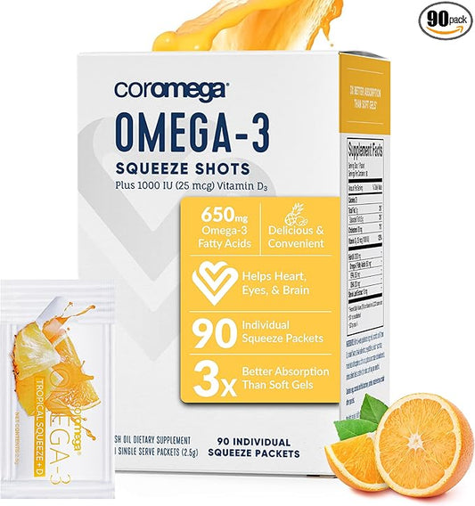 Coromega Omega 3 Fish Oil Supplement D3, 650mg 650mg of Omega-3s with 3X Better 90 Single