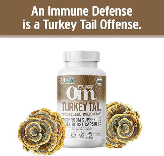 Om Mushroom Superfood Turkey Tail Mushroom Capsules Superfood Supplement, 90 Count, 30 Days, Immune Support, Polysacchrides, Beta-Glucans, Gut Health & Holistic Defense Mushroom Supplement