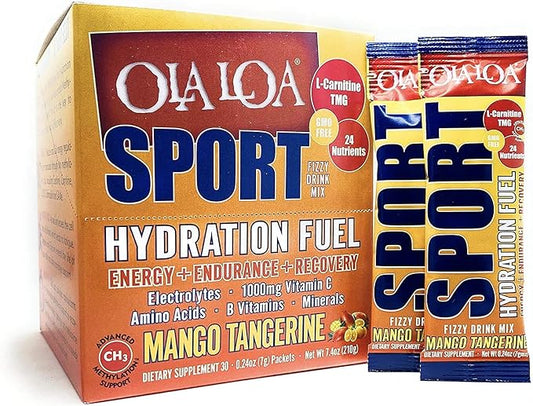 Ola Loa Sport Mango Tangerine All-Natural Hydrating Sports Drink Mix - Energy, Amino Acids, Electrolytes, Vitamin C, Vitamin B, Gluten Free, Vegan - Drink Your Vitamins - 30 Packets (7.4oz)