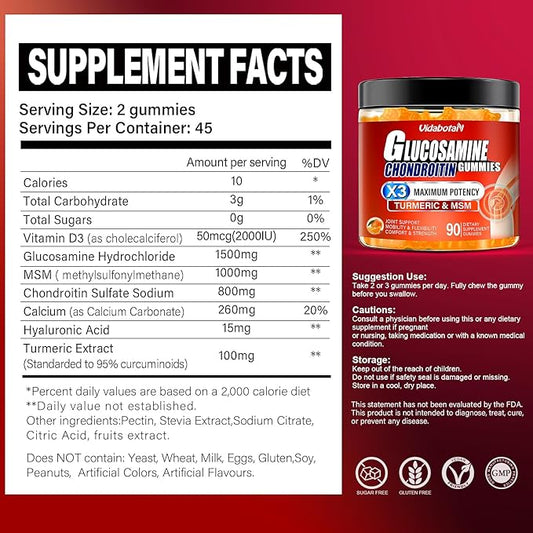 Sugar Free Glucosamine Chondroitin Gummgies, Extra 1500mg with (90 Count)