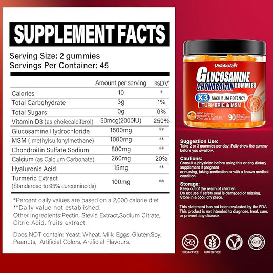 Sugar Free Glucosamine Chondroitin Gummgies, Extra 1500mg with (90 Count)