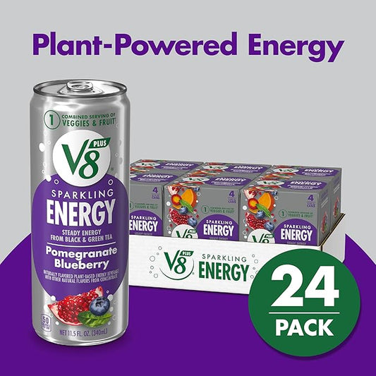 V8 +Energy Sparkling Pomegranate Blueberry Juice Energy Drink, 11.5 fl oz Can (24 Pack)