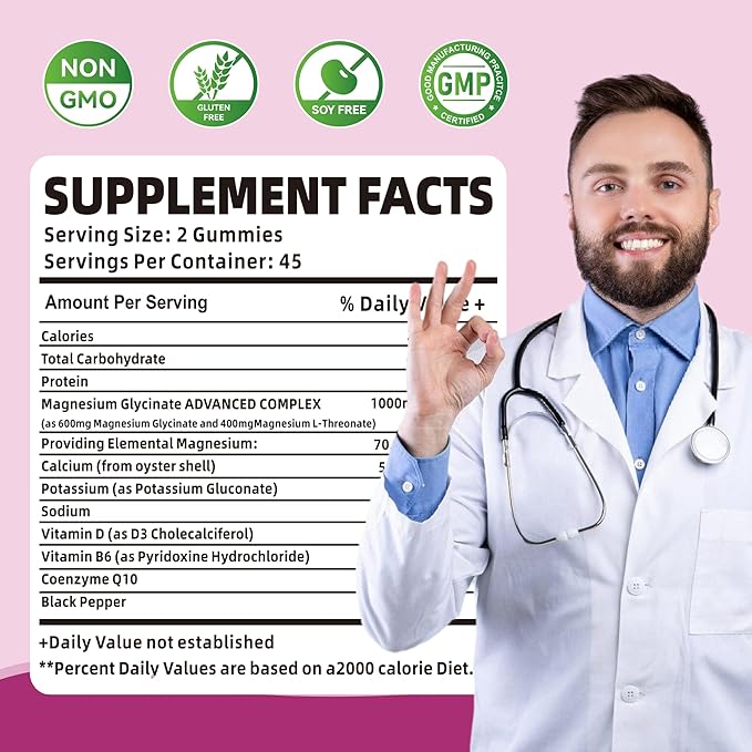90 CT Magnesium Glycinate Gummies 1000mg B6, CoQ10 CoQ10 for 90 Elderberry
