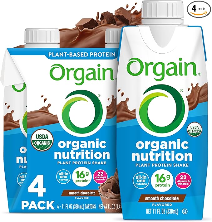 Orgain Organic Nutritional Vegan Protein Shake, Smooth Chocolate - 16g Plant Based Protein, Meal Replacement, 22 Vitamins & Minerals, Fruits & Vegetables, Gluten Free, Non-GMO, 11 Fl Oz (Pack of 4)