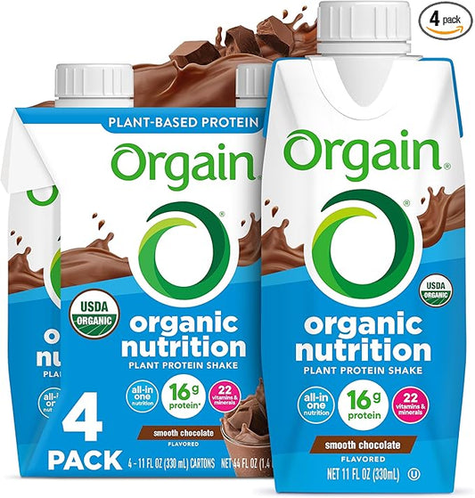 Orgain Organic Nutritional Vegan Protein Shake, Smooth Chocolate - 16g Plant Based Protein, Meal Replacement, 22 Vitamins & Minerals, Fruits & Vegetables, Gluten Free, Non-GMO, 11 Fl Oz (Pack of 4)