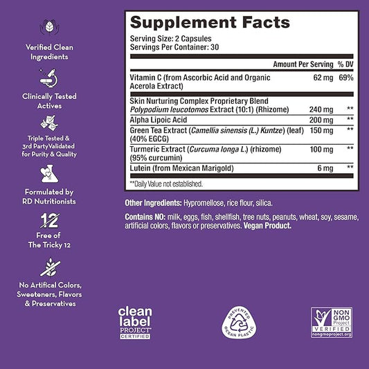 HUM Turn Back Time - Supplement for Youthful Skin with Tumeric, Green Tea Polyphenols & Lutein - Skin Anti Aging Capsules for Even Tone (60-Count)