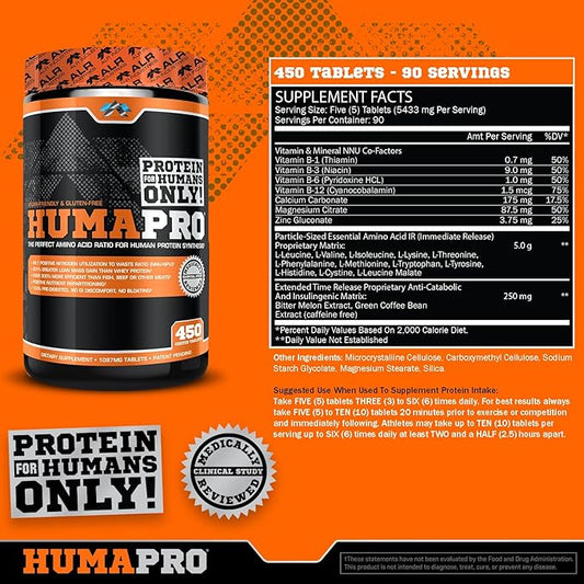 Humapro Tablets | Amino Acids Protein Matrix for Humans | 99% Utilization for Lean Muscle | Vegan, Gluten Free | 450 Tablets / 90 Servings