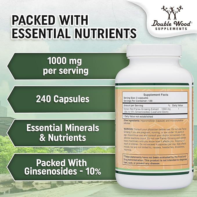 Ginseng Capsules (Korean Red Ginseng Extract, 10% Ginsenosides) (4 Month 240 Vegan 1,000mg per