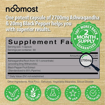 Organic Ashwagandha Capsules 2700mg w/Black Pepper Extract 20mg as Vegan Ashwagandha Supplements for Anti Stress Relief, Natural Mood Support, Energy & Focus, 2 Months