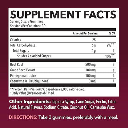 Beet Root Gummies with COQ10 & Pomegranate - Nitric Oxide Supplement for Men and Women - Endurance, Performance, Recovery - Vegan, Non-GMO, Gluten Free - Mixed Berry Flavor, 1 Month Supply