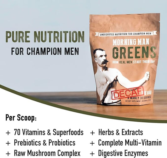 MORNING MAN Greens Powder Decaf, Probiotic Superfood Smoothie Mix with Digestive Enzymes for Gut Health, 75+ Vitamins, 43 Real Whole Foods, Gluten Free, Vegan, Caffeine Free, Non GMO, 30 Servings