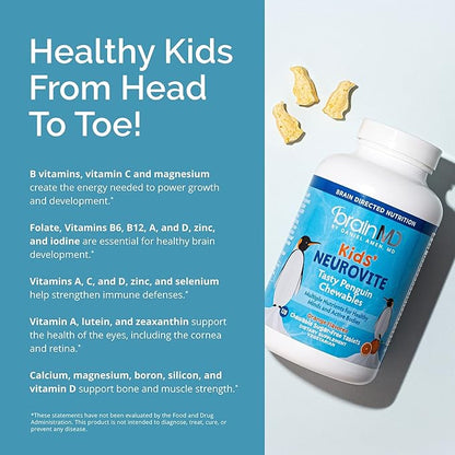 BRAINMD Dr Amen Kids’ NeuroVite, Orange Flavor 120 Penguin-Shaped 60 Servings