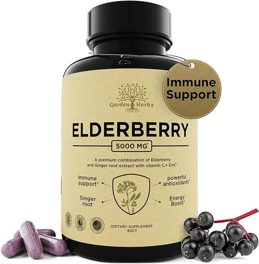 Elderberry with Vitamin C, Zinc, & Ginger – Potent Immune Booster 5000 Mg Elderberry, Zinc, & Vitamin C – Non-GMO Immunity Vitamins for Adults to Help You Feel Vibrant, 60 Caps.