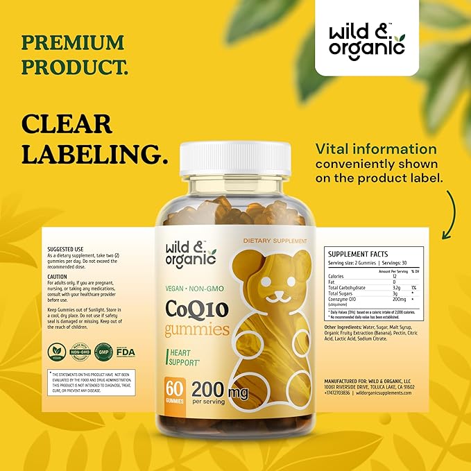 Wild & Organic CoQ10 Gummies CoQ10 200mg 200mg - CoQ10 Ubiquinone Q10 Focus 60 Non-GMO