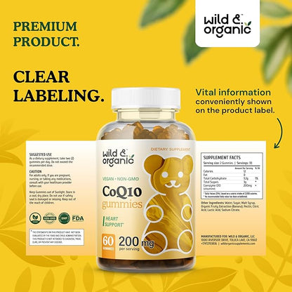 Wild & Organic CoQ10 Gummies CoQ10 200mg 200mg - CoQ10 Ubiquinone Q10 Focus 60 Non-GMO