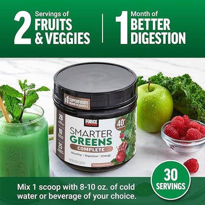 Force Factor Smarter Greens Superfoods Powder to Support Digestion, Gut Health, Bloating, Greens Powder with Probiotics, Prebiotics, Digestive Enzymes, & Adaptogens, Pomegranate Berry, 60 Servings