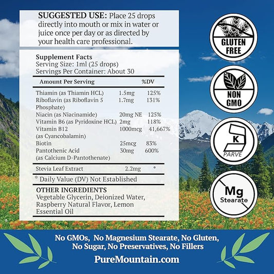 Pure Mountain Botanicals Liquid Vitamin B Complex B12, B6, B6, Thiamin, 1oz Bottle