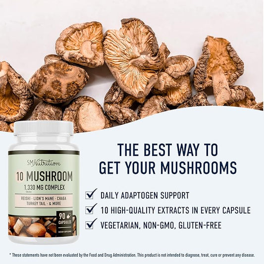 10 Mushroom Complex Supplement 1300+ MG 90 Capsules