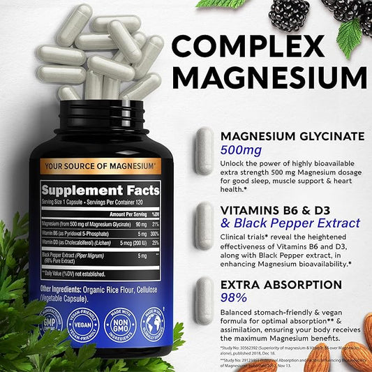 Magnesium Glycinate 500 mg D3 & B6 - 98% Absorption 120 Capsules, 4 Month
