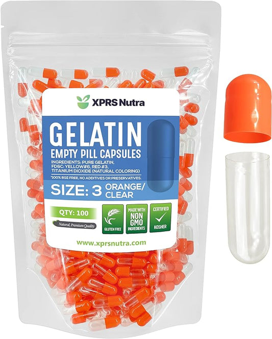 XPRS Nutra Size 3 Empty Capsules - 100 Count Empty Gelatin Capsules - Empty Pill Capsules - DIY Capsule Filling - Pure Bovine Pill Capsules Empty Gel Caps (Orange/Clear)